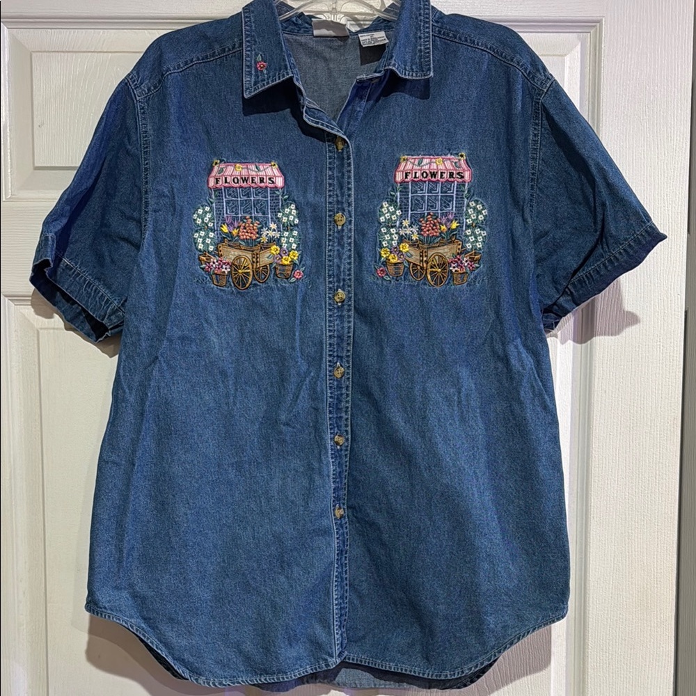 Denim Shirt with Floral Embroidery
